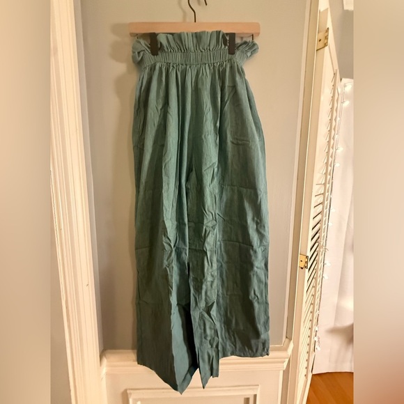 Highlight Sage Green Linen Paperbag Waist Cropped Wide-Leg Pants M - Picture 10 of 10
